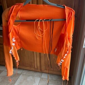 Bright Orange Distressed Long Sleeve crop Top with mesh sleeves